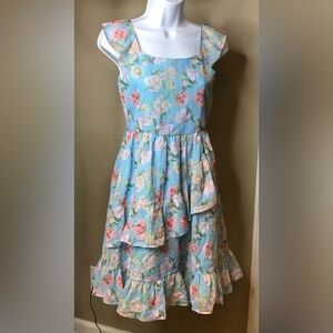 Blush Floral Ruffle Tiered Blue Dress with Pink and Cream Roses